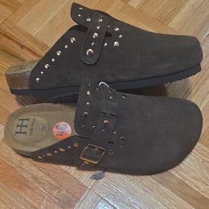 Studded Suede Mule Clog in Dark Brown